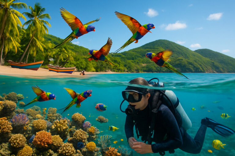Plong&eacute;e et loriquets &agrave; Deshaies en Guadeloupe