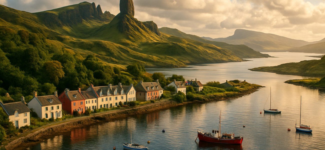 explorez les splendeurs du célèbre old man of storr, une majestueuse formation rocheuse sur l'île de skye en écosse, et laissez-vous séduire par le charmant village de plockton, avec ses maisons en toit de chaume et ses paysages côtiers pittoresques. une aventure inoubliable au cœur des highlands écossais vous attend!